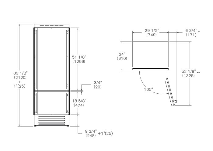 מקרר בנוי עם מקפיא תחתון מגירה  75 סמ, Panel Ready צירים מימין